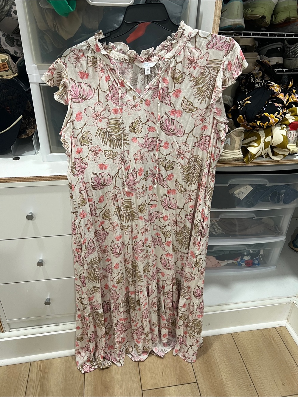 Time and Tru Floral Ruffle Neck Maxi Dress in Pink and Olive